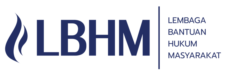 Logo LBHM dengan ikon nyala api abstrak berwarna biru dan teks “LBHM – Lembaga Bantuan Hukum Masyarakat”